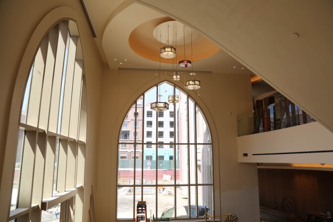 Glorya Kaufman's private collection of chandeliers are showcased at the entrance of the Glorya Kaufman International Dance Center. | Photo: Justina Gaddy