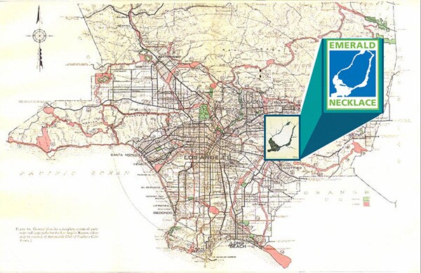 1929 Olmsted-Bartholomew Map, Emerald Necklace, Los Angeles. Click to enlarge | Courtesy of Amigos de los Rios
