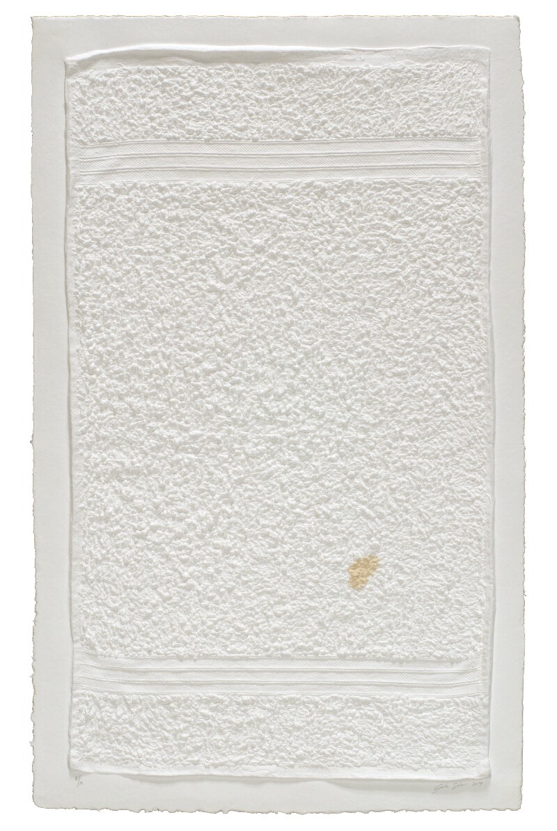 Analia Saban, "Three-Stripe Hand Towel with Stain," 2014