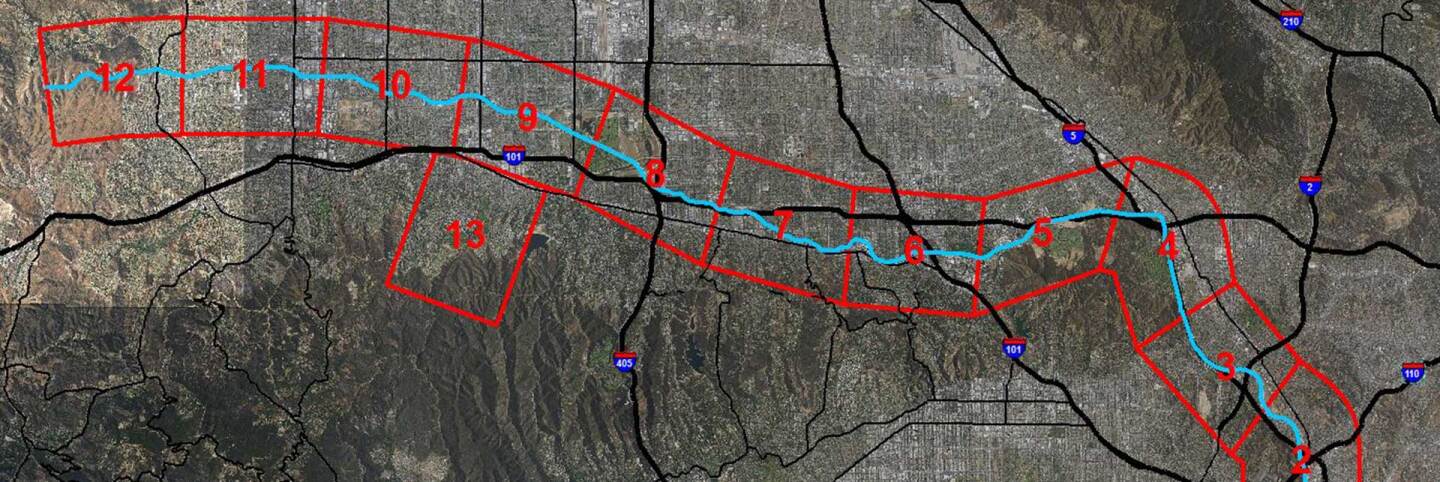 Map of zones along L.A. River where wildlife cameras are being installed. | National Park Service