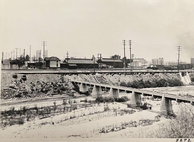 View of the future site of the Sixth Street Viaduct looking west over the river, June 17, 1929. 