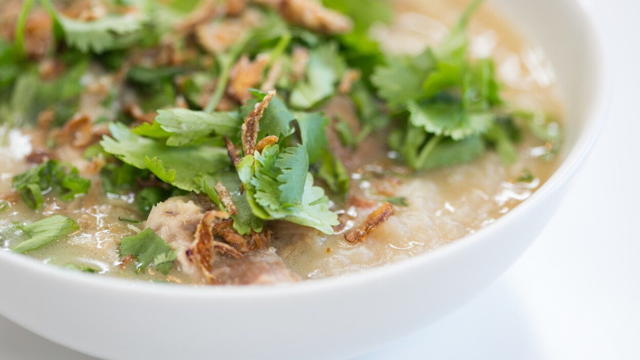 Island Congee with Coconut Milk Braised Pork Shoulder by Chef Mei Lin | Carla Choy