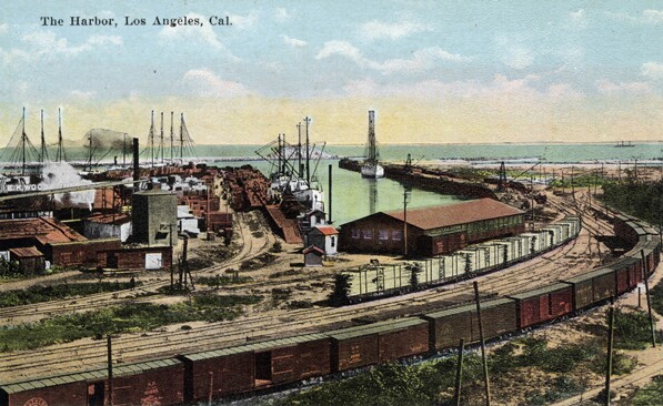 Early 20th-century postcard of the Los Angeles Harbor. Courtesy of the Werner Von Boltenstern Postcard Collection, Department of Archives and Special Collections, Loyola Marymount University Library.