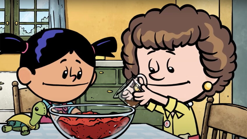 Cartoon of a little girl watching as another little girl puts maple syrup in a bowl of strawberries