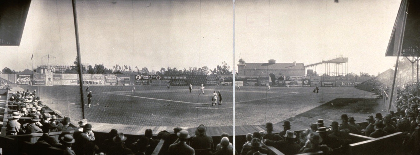 An old, black and white photo offers a wide view of Chutes Park from behind the home plate.