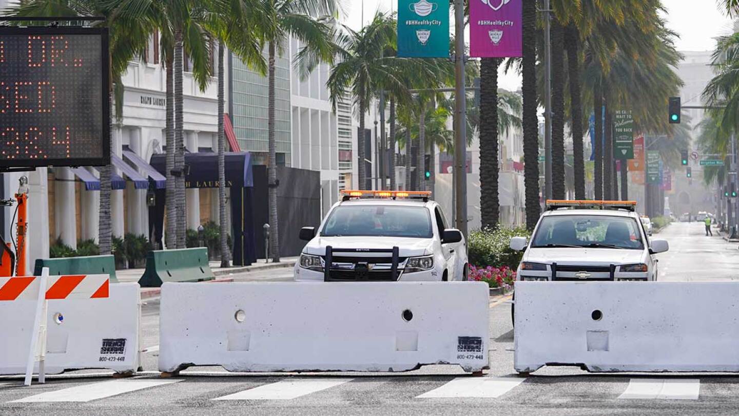 Rodeo Drive, the world renowned shopping street in Beverly Hills, California, is boarded up and closed to vehicular and pedestrian traffic on November 3, 2020 as a precaution against possible violence on the day of the U.S. presidential election.