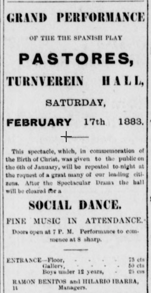1883 Los Angeles Herald advertisement for Los Pastores performance