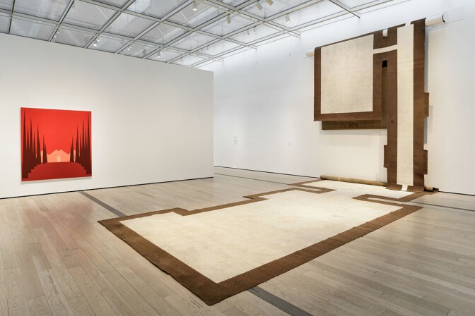 Installation photo featuring Salomon Huerta's Untitled House (0306), 2003 and Carmen Argote's 720 Sq. Ft.: Household Mutations, 2010 in the exhibition Home—So Different, So Appealing at the Los Angeles County Museum of Art, June 11, 2017 - October 15, 201