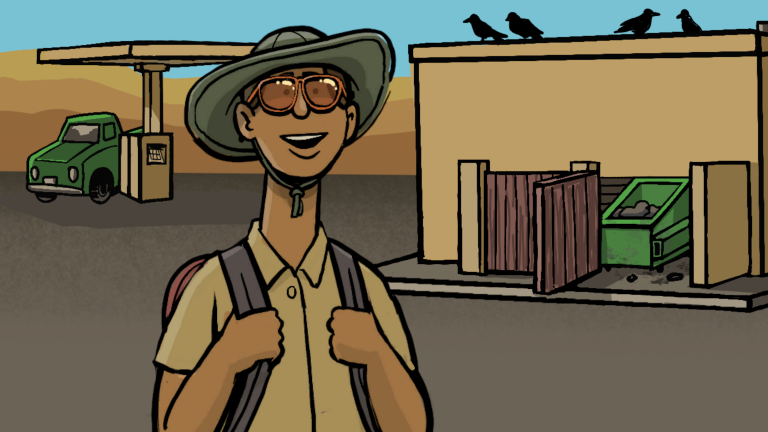 Illustrated image of a young man with a hat at a gas station, ravens in the background