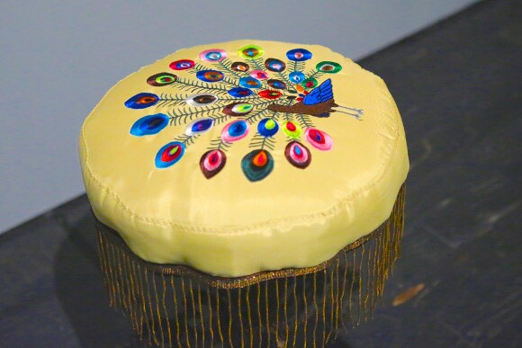 Nao Bustamante, "Chac-ÂMool," 2015, mixed media, stereoscopic video, custom upholstered stool, custom headphones by Jarrod Davis. | Photo: Dale Griner.