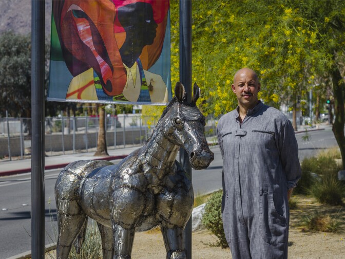 Christopher Myers' "The Art of Taming Horses" is installed at Tahquitz Canyon Way in Palm Springs for Desert X 2021.