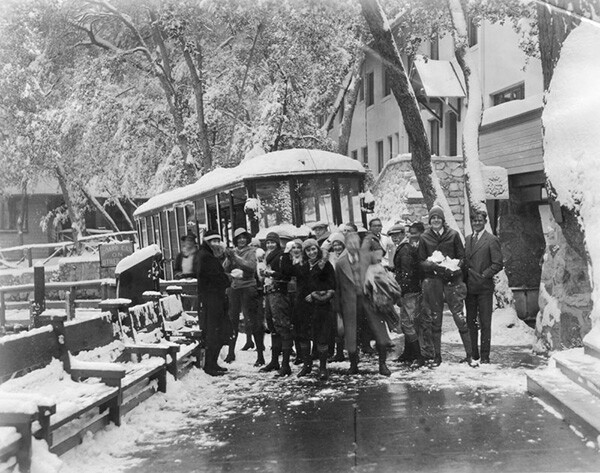 Redondo High School students arrive at Mt. Lowe Tavern for a snow battle royal. Photo dated: January 22, 1930. | Courtesy of the Los Angeles Public Library