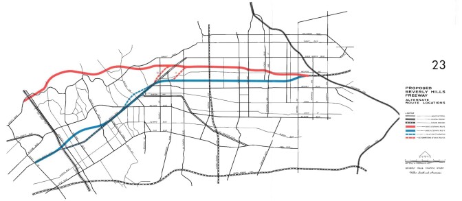 Planners initially considered a more northern route that roughly followed the path of Sunset Boulevard. From the 'Beverly Hills Freeway Traffic Study' by Wilbur Smith and Associates, 1964. Courtesy of the Metro Transportation Library and Archive.