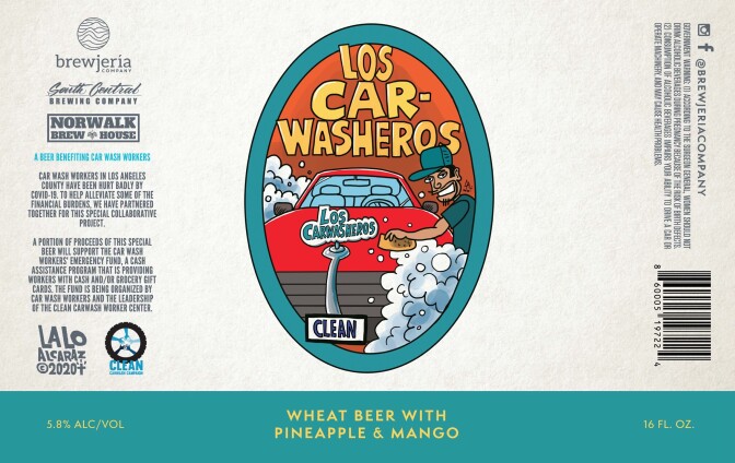 A beer can label called the "Los Carwasheros" depicts a Latino washing a car.