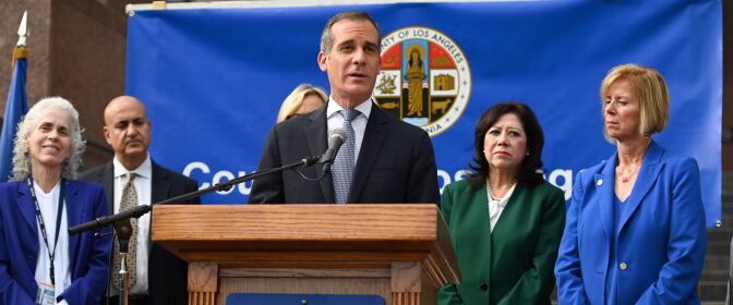Los Angeles Mayor Eric Garcetti speaks during a Los Angeles County Health Department press conference on the novel coronavirus