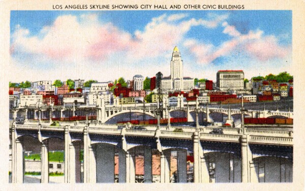 City Hall dominated downtown L.A.'s skyline through the 1960s. Circa 1940 postcard courtesy of the Werner Von Boltenstern Postcard Collection, Department of Archives and Special Collections, Loyola Marymount University Library.