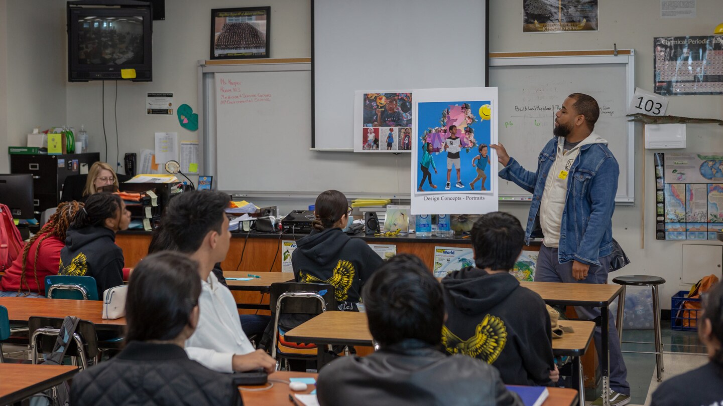 Floyd Strickland engages students at the King Drew Magnet High School of Medicine and Science