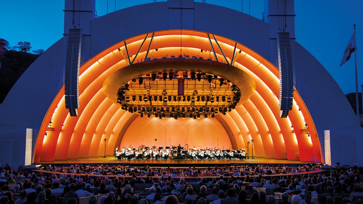 Hollywood Bowl shell with orchestra on stage. | Adam Latham
