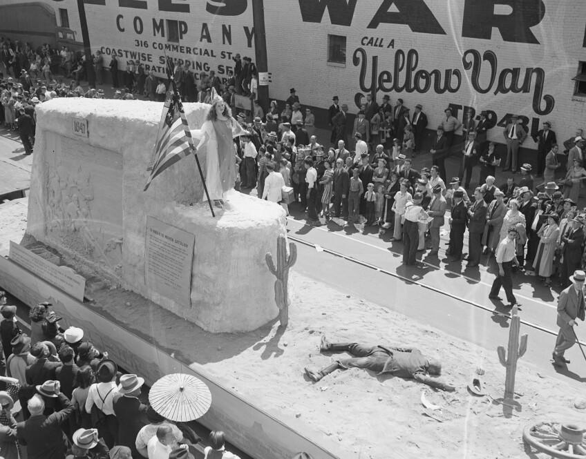 A soldier from the Mormon Battalion lay dead next as, above him, a woman waving Old Glory celebrated the armed U.S. invasion of Mexican California of 1847.