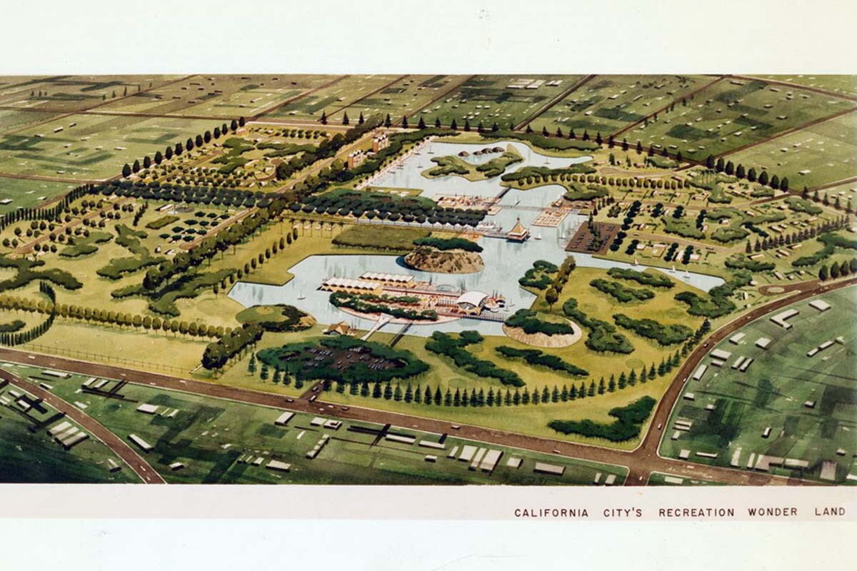 A concept rendering by Smith and Williams picturing the recreational center of California City's 1st community. | Smith & Williams records, Architecture and Design Collection. Art, Design & Architecture Museum; University of California, Santa Barbara