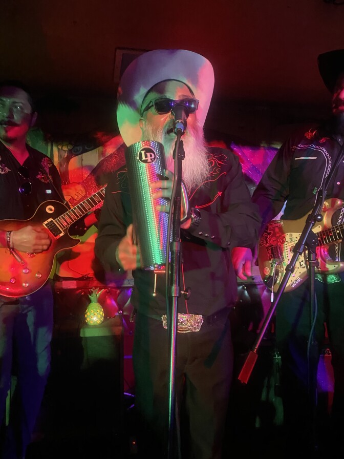 Marcel Campos aka "Chido One El Asesino" performs Spaghetti Cumbia with his bandmates Pedro Aguire aka "Pedro Pistolas," Paolo Paredones aka "Maniacs," Adolfo Mercado and Bobby Guerrero aka Roberto "El Gallo Digital" Guerrero.