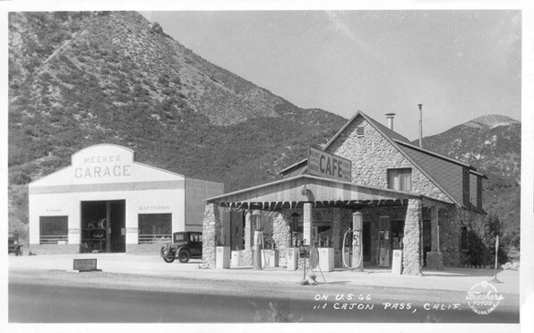 Route 66, like earlier trails, used the Cajon Pass as a gateway to the Southland. Courtesy Pomona Public Library, Frasher Foto Postcard Collection.