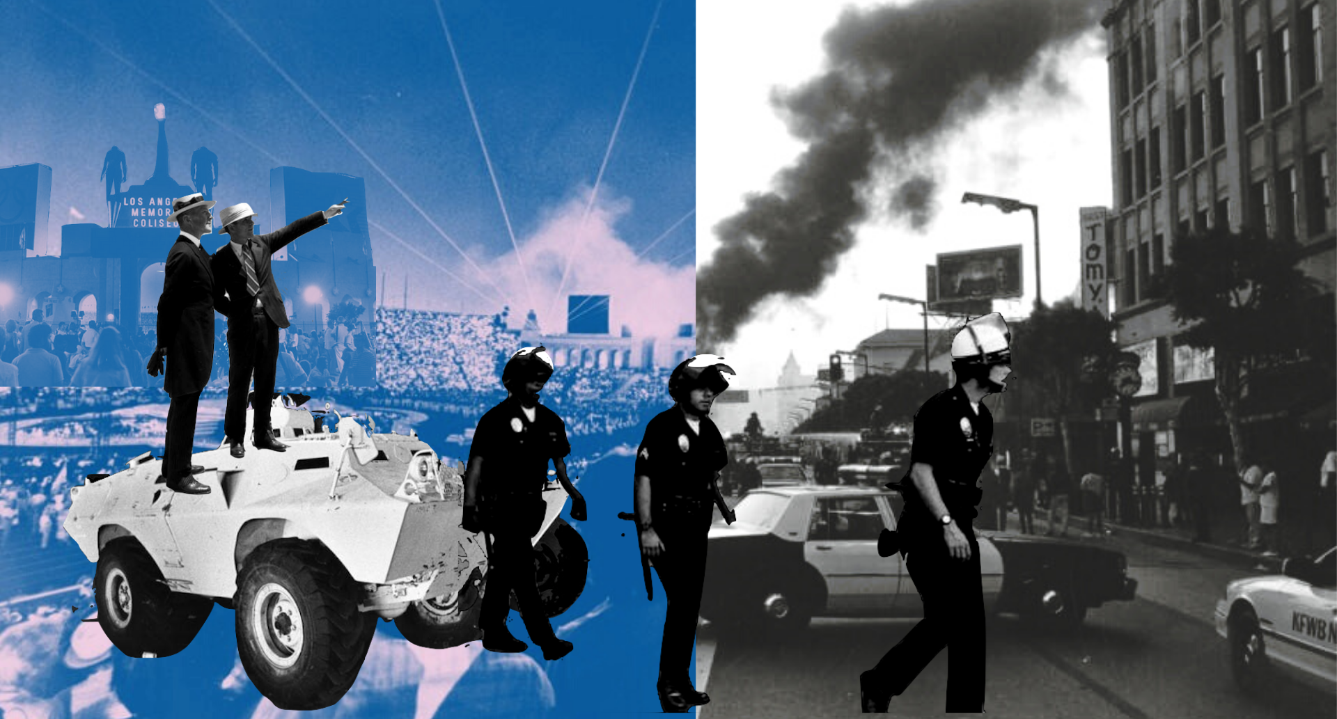 A blue-toned image of the 1984 Olympics set side-by-side a black and white image of the 1992 riots. In front of the images is a pair of developers standing on a tank from 1984 riots and a row of police officers walking into the black and white riots neighborhood.