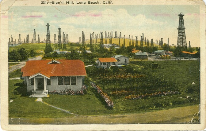 Circa 1941 postcard of the Signal Hill oil field. Courtesy of the Werner Von Boltenstern Postcard Collection, Loyola Marymount University Library.