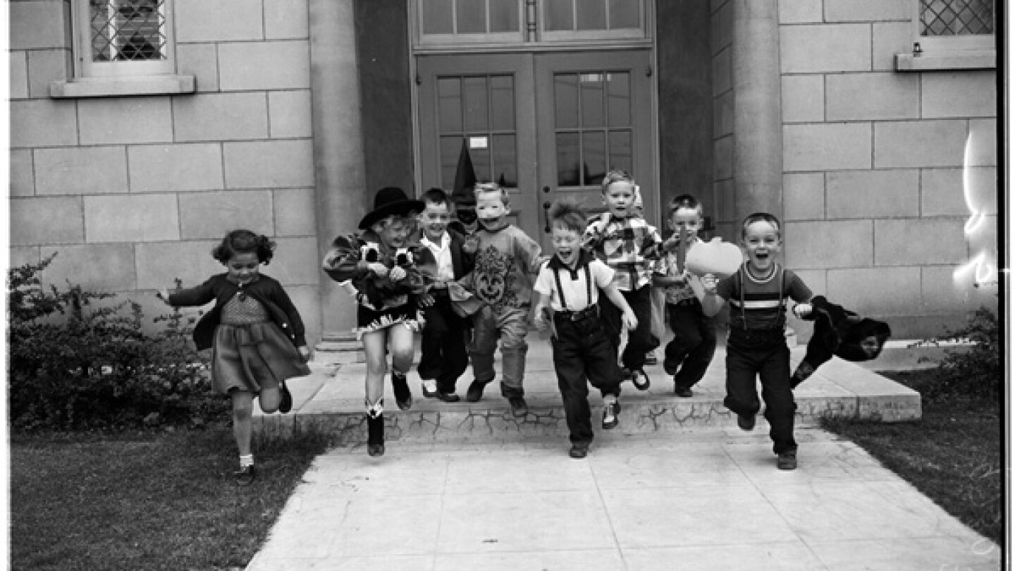 Halloween costumes at 87th St. Elementary school, 1952. | Image: courtesy of USC.