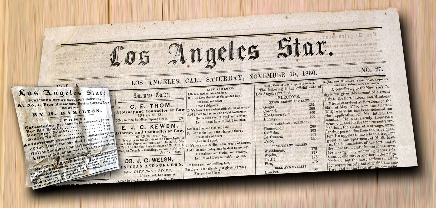 Los Angeles Star. Under the editorship of Henry Hamilton, the Star was the voice of secessionist agitation in Southern California. Montage of images courtesy of USC Digital Library