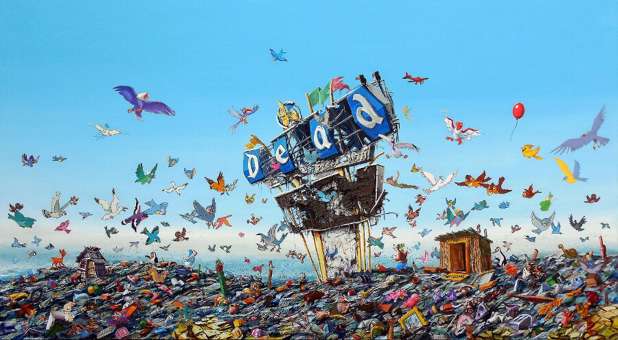 Jeff Gillette, "Dead Landfill." Acrylic and birds collaged from Disney books. | Image: Courtesy of the artist.