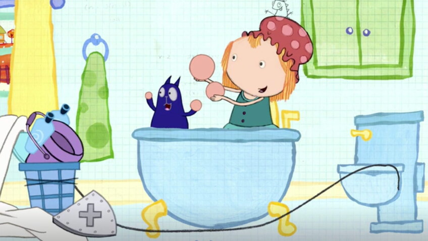 Cartoon of a little girl and a cat playing in a bathtub