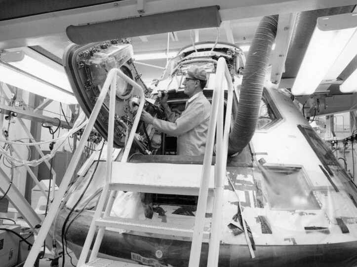 Apollo 11 command module during construction at the North American Rockwell plant. | Courtesy of Columbia Memorial Space Center/ Aerospace Legacy Foundation