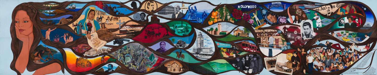A mural of a woman whose hair flows into curved panels depicting vivid imagery of lost L.A. Mexican history