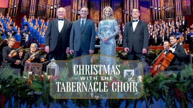 Title card for "Christmas with the Tabernacle Choir" featuring four posed people and an orchestra and choir behind them.
