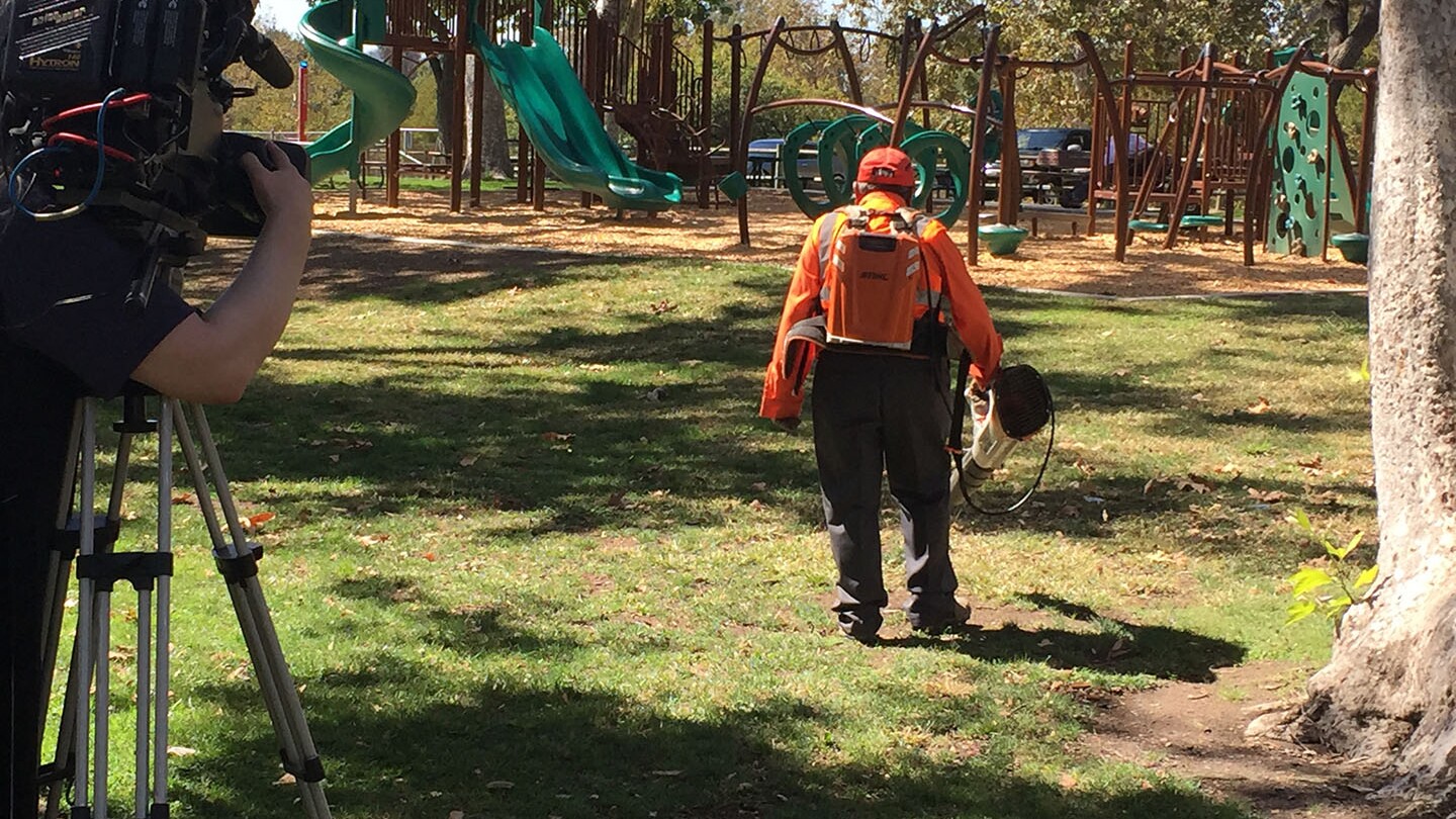 A man operates a leafblower in the park
