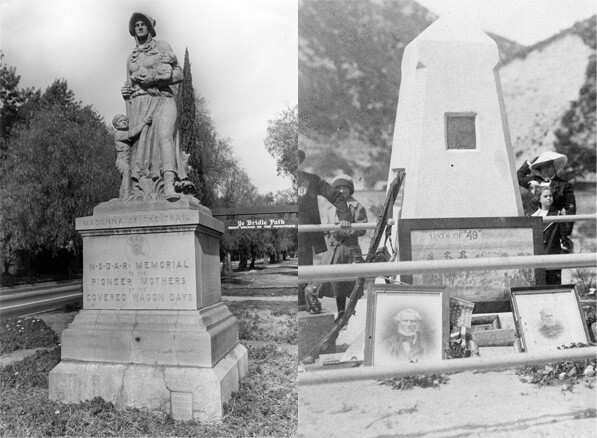 Trailside monuments in Upland (photo by John Cunningham, courtesy of the Upland Public Library Historic Photograph Collection) and in the Cajon Pass (right, photo courtesy of the San Bernardino Public Library's Pioneers of San Bernardino Collection)