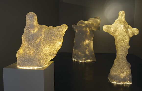 Ball-Nogues Studio, Radiant Body Globs, 2013, Paper pulp, fluorescent bulbs, hardware, Commissioned by Museum of Contemporary Art Santa Barbara for Almost Anything Goes: Architecture and Inclusivity, January 5 - April 13, 2014. | Photo: Wayne McCall