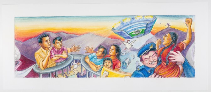 A final coloration of "The Great Wall of Los Angeles: Chavez Ravine and the Division of the Barrios" depicts freeways encircling and dislocating a Chicano family. Above them, the Dodger Stadium resembling a UFO descends from the sky as a bulldozer and policemen forcibly uproot the predominantly Chicano community at Chavez Ravine.
