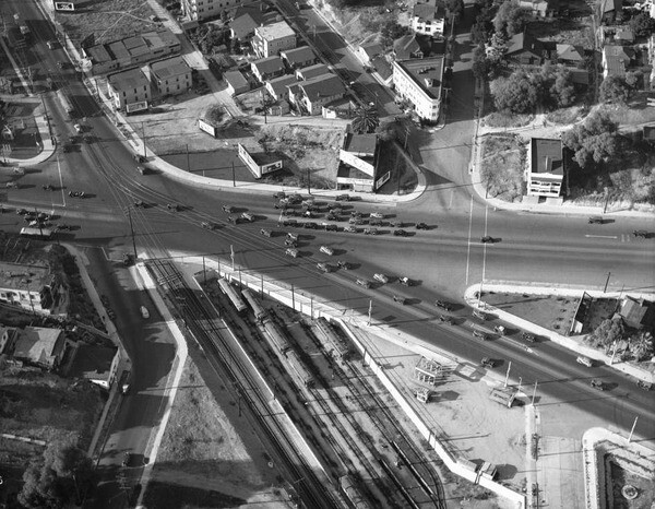 Before the viaduct, the complicated intersection of Glendale, Beverly, First, Second, and other streets often snarled traffic. 1936 aerial photo courtesy of the Auto Club of Southern California Archives.