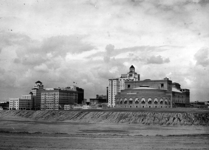 An unfilled Rainbow Lagoon surrounds the Long Beach Municipal Auditorium, circa 1931. Courtesy of the Photo Collection - Los Angeles Public Library.