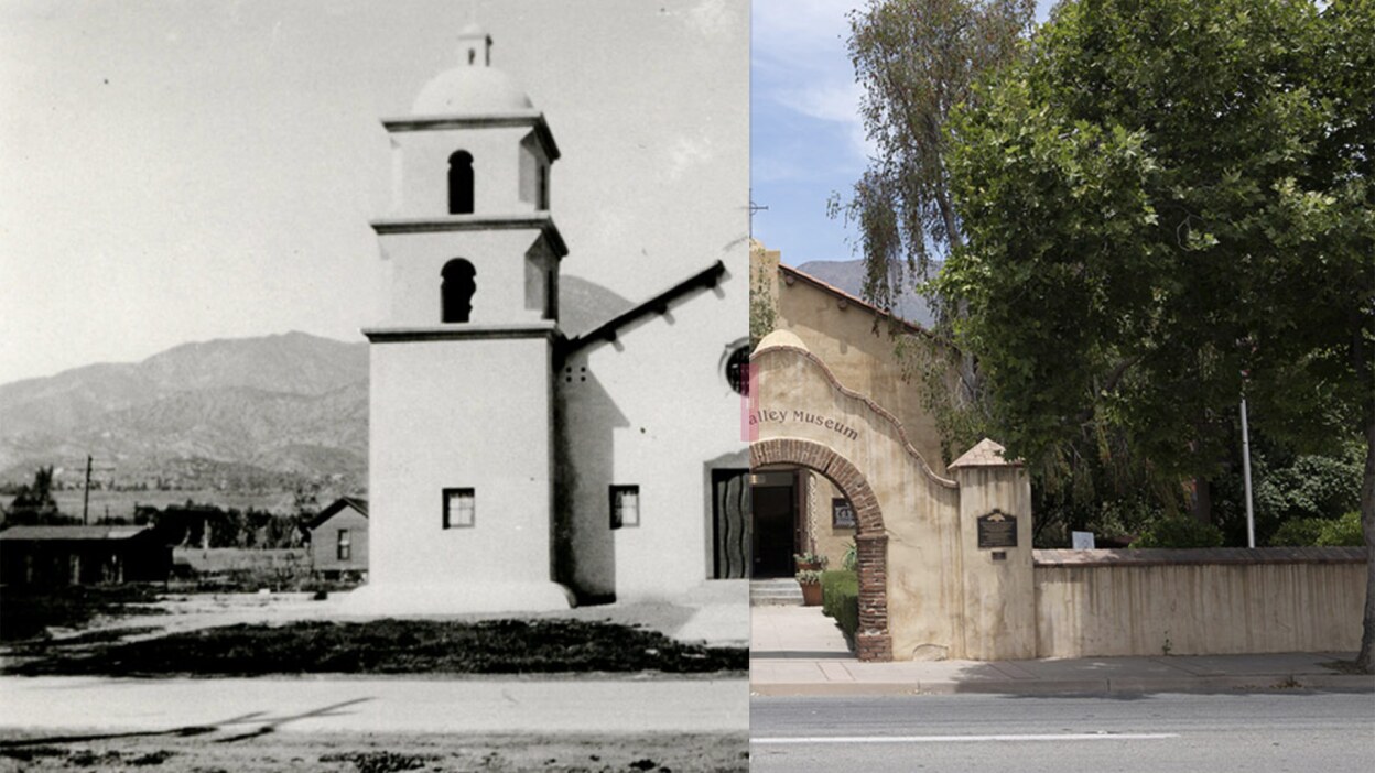 Split Image with 1917 Catholic Church on Left and 2018 Ojai Valley Museum on Right