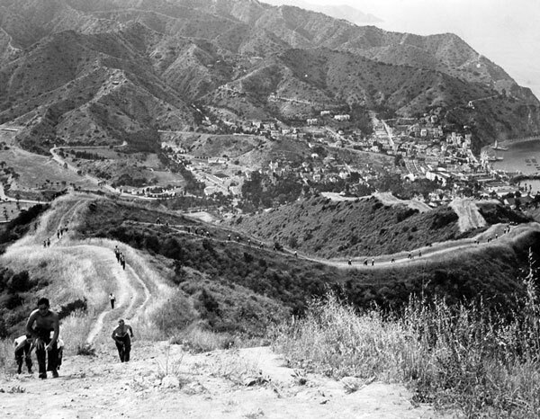 U.S. Maritime Service recruits running up the island's steep fire breaks. Courtesy of the Catalina Island Museum.