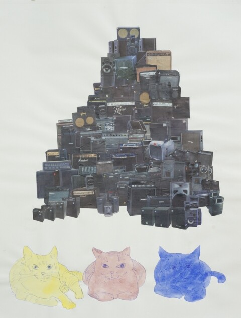 Scott Marvel Cassidy, "3 Cats," 2005. Watercolor and collage on paper. 18 x 23 inches.