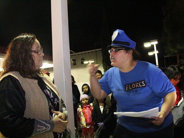 Street vendor Caridad Vazquez and ELACC community organizer Janet Favela perform a skit on ELACC's street vendor campaign | Photo by Sharis Degadillo