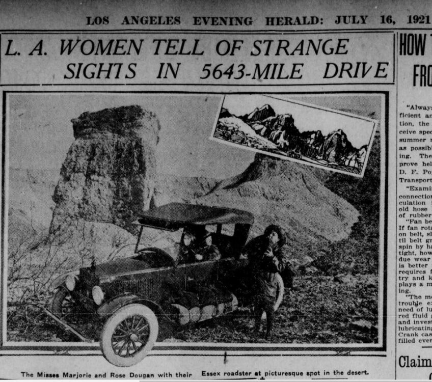 A newspaper clipping with the headline "L.A. Women Tell of Strange Sights in 5,643-mile Drive."