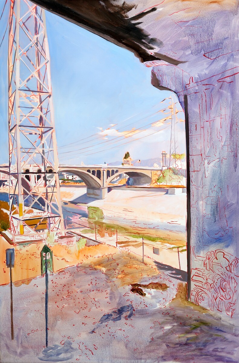 Close-up of an untitled painting of the L.A. River with details outlined in red. | Photo: Osceola Refetoff