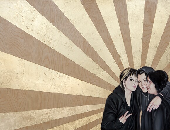 Three female figures embrace in a portrait by Shizu Saldamando called "Carm's Crew."