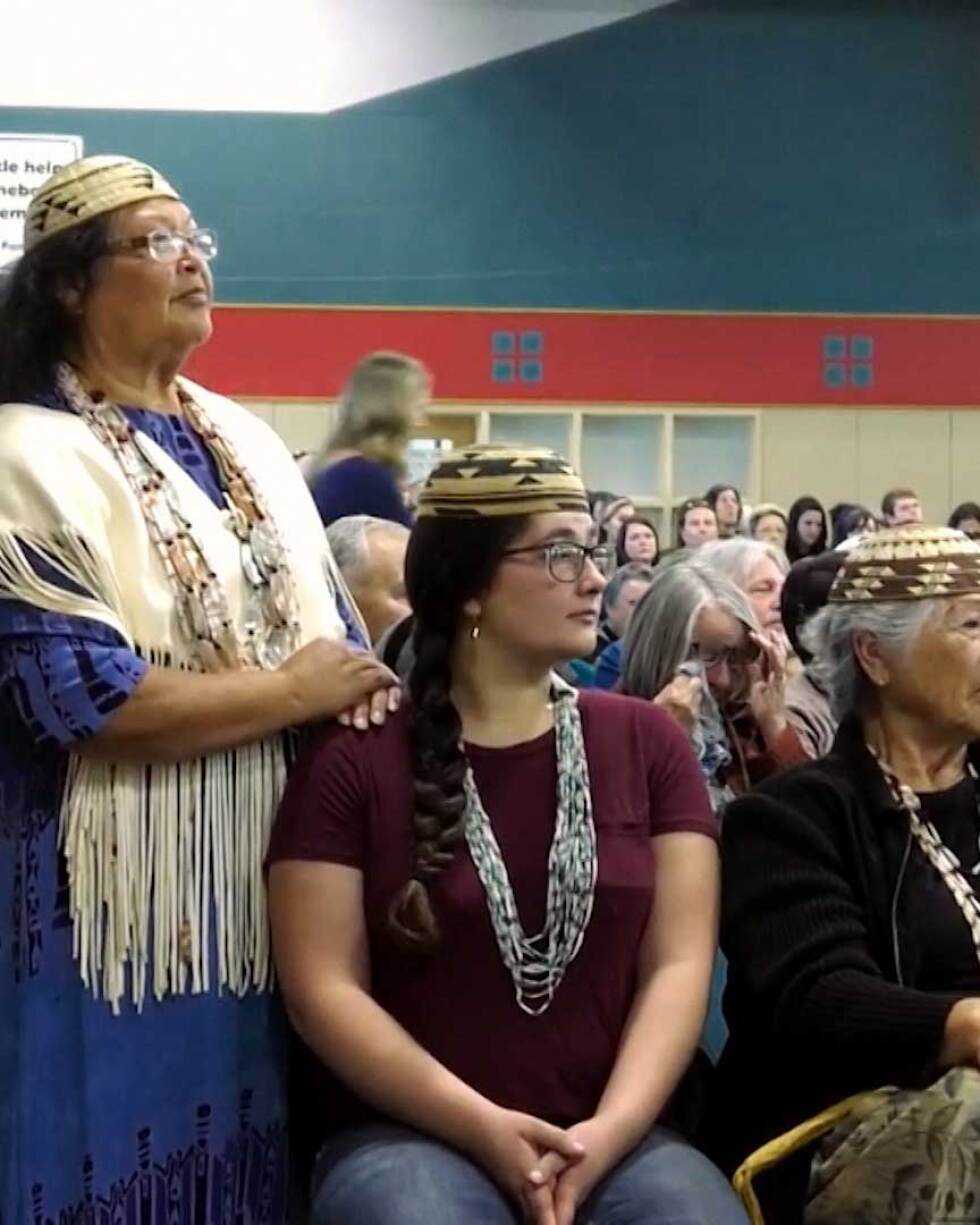 Cheryl Seidner and other members of the Wiyot tribe at a hearing for Terra-Gen's wind farm proposal. | Still from "Tending Nature" episode "Guarding Ancestral Grounds with the Wiyot"
