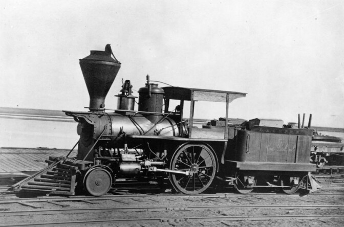 The tiny San Gabriel was the first steam locomotive to haul freight and passengers between Los Angeles and San Pedro. It was later replaced by two larger engines. Courtesy of the Photo Collection, Los Angeles Public Library.